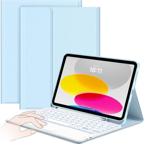 Clavier Étui Compatible Avec Ipad 10 Ème Génération 10,9 Pouces (2022),Coque Clavier Avec Pavé Tactile,[Azerty] Avec Éclairage À 7 Couleurs Pour Ipad 10 A2757/A2696,Bleu Ciel