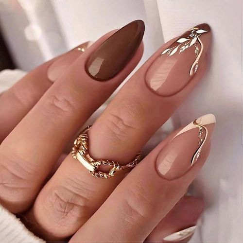 24pcs Amande Faux Ongles Court, Presse Française Sur Les Ongles Avec Des Feuilles Brunes Design, Brillant Ovale Couverture Complète Acrylique Faux Ongles Pour Femmes Et Filles Nail Art 