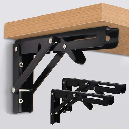 2 Pcs Folding Shelf Brackets 8 Pouces Noir Heavy Duty Metal Triangle Table Bench Collapsible Shelf Bracket, Shelf Support Bracket Hinge Wall Mounted