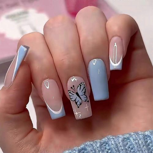 24pcs Bleu Presse Sur Les Ongles Medium Cercueil Faux Ongles Papillon Français Pointe Colle Sur Les Ongles Étoile Faux Ongles Cercueil En Forme Kit Ongles Acrylique Set Exquis A 