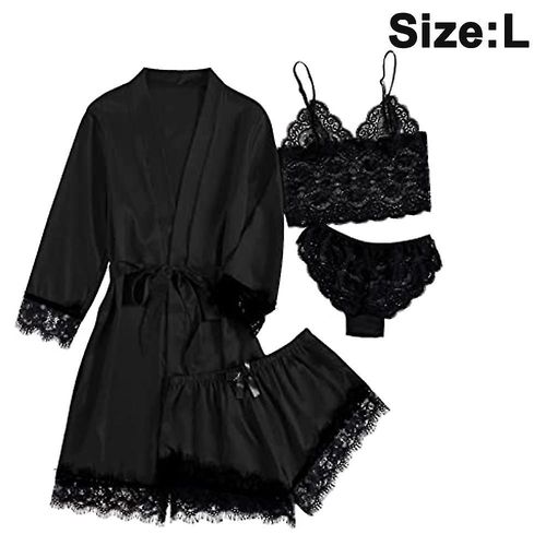 4 Pièces Femme Satin Floral Dentelle Cami Top Lingerie Ensemble Avec Robe Robe Kimono Lingerie Set S