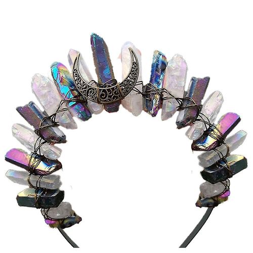 Brassard En Cristal Brut Couronne Bandeau, Quartz Noir Strass Lune Déesse Sorcière Coiffe Femmes Filles
