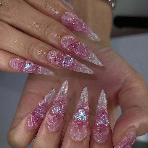 Faux Ongles Extrêmement Longs, Néon Rose Rose Magenta 3d Coeur Amour Scintillant Y2k Coquette Presse Sur Les Ongles Avec Colle À Ongles, Faux Ongles De La Saint-Valentin 
