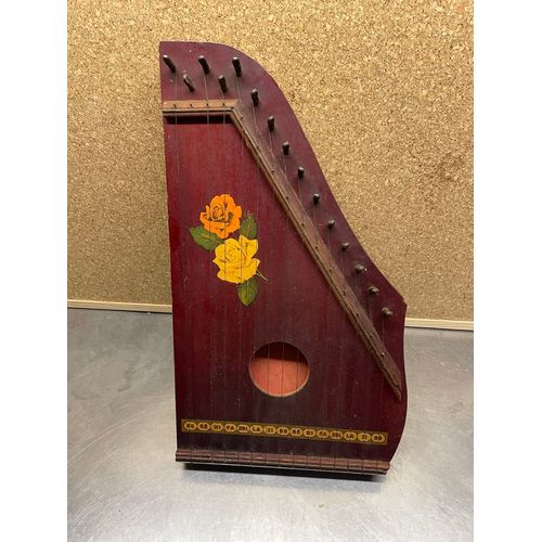 Ancienne Cithare En Bois 14 Cordes - Vintage - Fleurs
