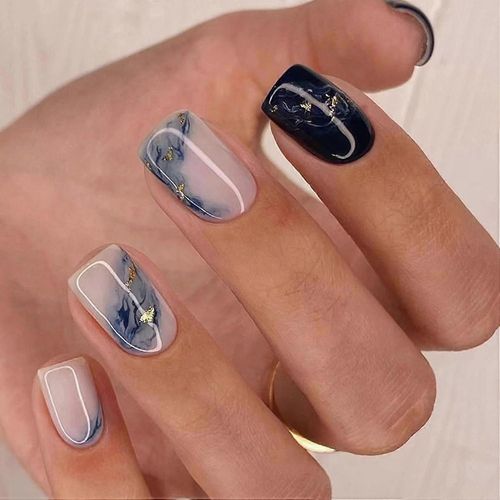 24 Pices Faux Ongles Court Carrs Franais Bleu Fonc Vagues Ongles Coller Naturel Acrylique Bton Sur Les Ongles Avec Autocollants Adhesif Ballerine Pre 