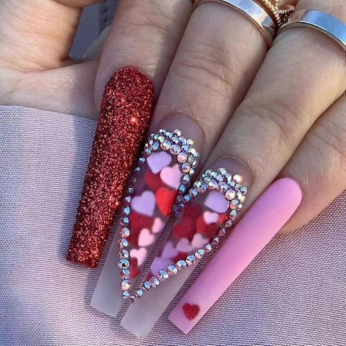 Coeur Rouge Faux Ongles, Extra Long Press Sur Les Ongles Avec Des Strass, Stick On Nails, Faux Nail Art Kit Pour Les Femmes Filles 24pcs 