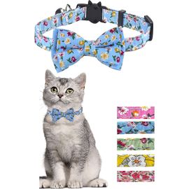 Collier Pour Chat Avec N?Ud Papillon Et Motif Floral Bleu Cloche