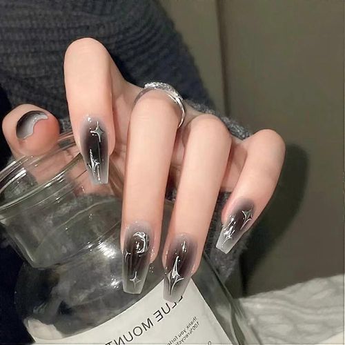 24 Pièces Medium Cercueil Faux Ongles Français Silver Moon Press On Nails Acrylique Naturel Stick On Nails Avec Autocollants Adhésifs Ballerine Press On Nails F 