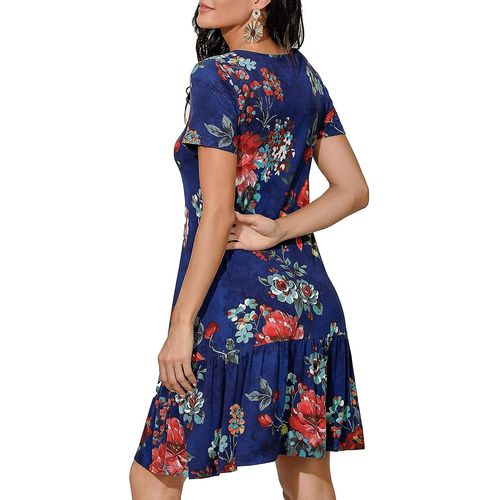 Femme Floral V Col Spaghetti Sangle Bouton Bas Robe De Soleil Swing Ruffle Été Mini Robe Courte Petite