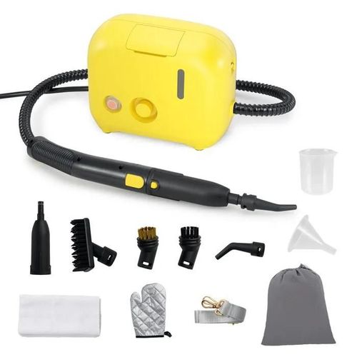 Nettoyeur Vapeur Portable 1600W COSTWAY-3 Bars-Réservoir d'Eau 1 L-Préchauffage en 15s-Intensité Réglable-12 Accessoires-Jaune