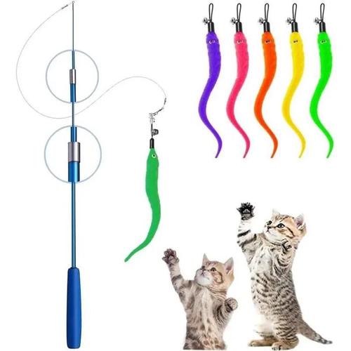 Jouet À Plumes Pour Chatsinteractif Rétractable Canne A Peche Chats Jouet Avec 1bâton Baguette Magique + 5 Rechange De Vers