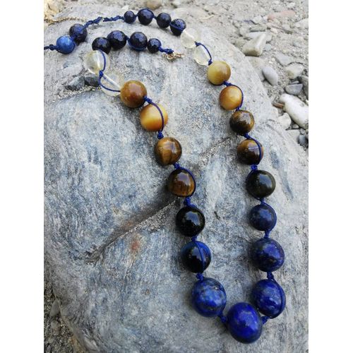 Magnifique Collier Oeil De Tigre Lapis Lazzuli Quartz Blanc Artisanal