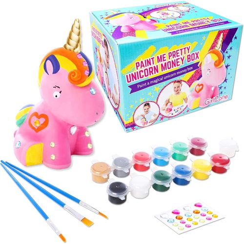 Cadeau Fille -Tirelire Licorne à Peindre Soi-Même - Kit de Peinture Complet pour Fille avec Pinceaux, Peinture, Strass Autocollants - Loisir Créatif pour Enfant