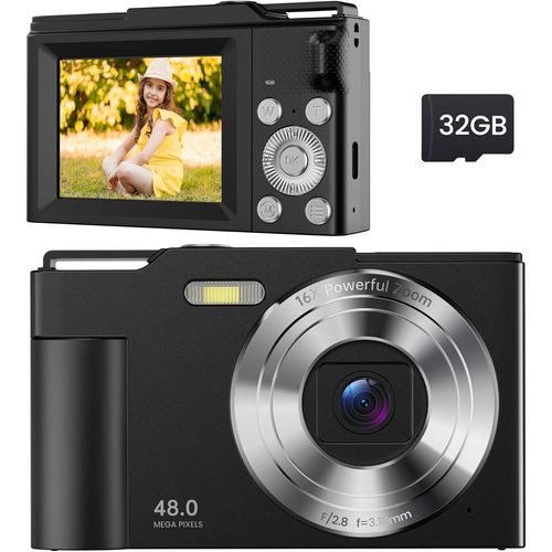Appareil Photo Numérique Compact: 16X Zoom 48Mp Digital Camera-Appareil Photo Numérique Enfant 1080P Camera Vlog-Appareil Photo Numérique Ado Avec 32Go Carte Pour Adolescents Débutants Noir