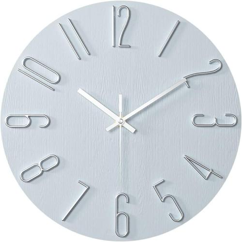 12 Pouces Horloges Murales 3D Silencieuse De Salon Cuisine Modernes Design Pendules Murales 30Cm Horloge À Quartz Suspendue Sans Cadre Fine Horloge Murale (Argent)