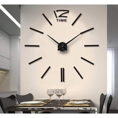 Grande Horloge Murale Moderne À Faire Soi-Même Avec Autocollants 3D Effet Miroir Acrylique Décoration Amovible Pour Le Salon-Noir (Pile Non Incluse)