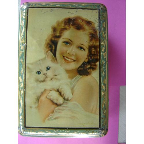 Boite Métal (Année 50/60 ) Jeune Femme & Chaton .
