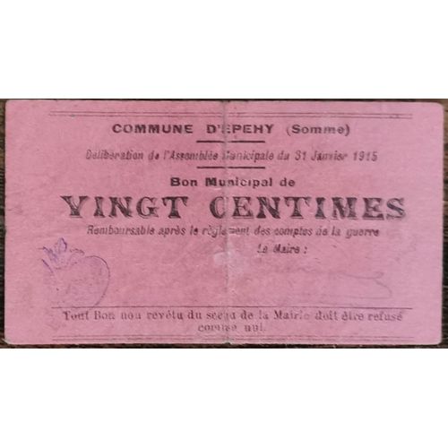 Bon Municipal De 20 Centimes Commune D' Epehy Somme 1915 - Nécessité