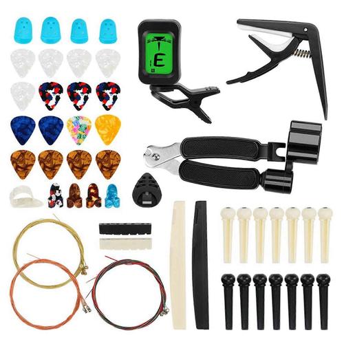 Kit D¿Accessoires De Guitare 65 Pcs Avec Cordes De Guitare, Accordeur, Capo, Médiators, Porte-Médiator, Médiators, Broches De Chevalet