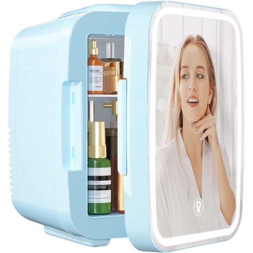 Mini Frigo Pour Chambre,Frigo Skincare Avec Miroir Led,Petit Frigo De 4L Portable,Thermoelectrique Chauffe & Refroidisseur 220V Ac / 12V Dc Pour Voiture,Bureau,Dortoir(Bleu)