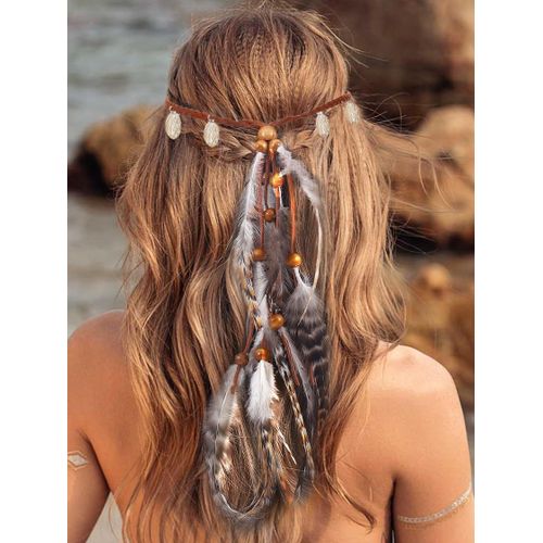 Serre-Tête Indien À Plumes Avec Pièces De Monnaie Et Pampilles ¿ Coiffe Hippie Avec Perles Tribales ¿ Accessoire De Cheveux Pour Femme (Taille A, Taille Unique)[X926]