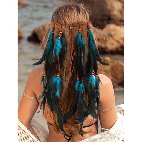 Serre-Tête Indien À Plumes Et Pampilles Pour Femme - Style Hippie, Tribal - Bleu - Taille Unique[X941]