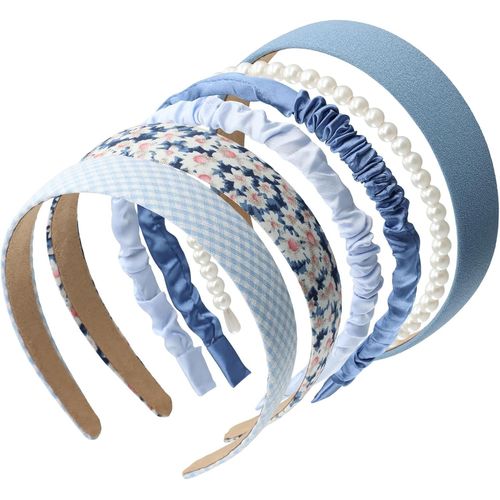 6 Pièces Serre Tete Femme, Petite Série Bleue Fraîche Serre Tete, Polyvalent Serre Tete Fille, Bandeaux Mode Pour Femmes Perle, Plaid, Marguerite, Couleur Unie (Bleu, Taille Unique)[X980]