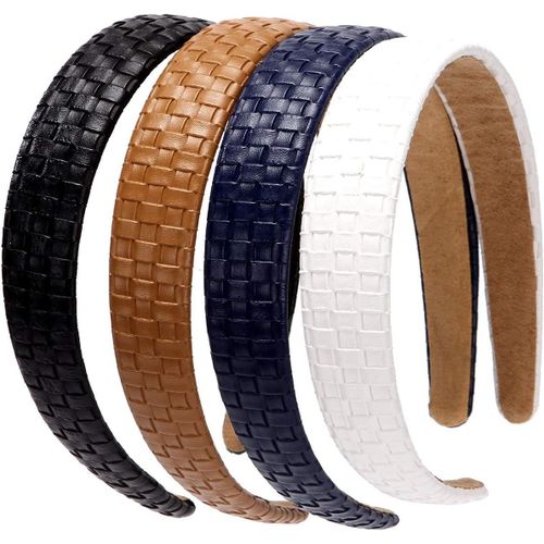 Lot De 4 Bandeaux Larges Et Rigides En Cuir À Carreaux Rembourrés Antidérapants Pour Filles Et Femmes (Noir + Marron + Bleu + Blanc))[X1120]