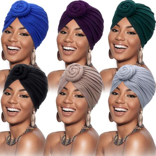 6 Pièces Turban Africain De Femmes Bonnet N?ud De Fleur Bonnet Pré-Noué Headwrap (Noir, Bleu Royal, Gris, Chameau, Violet, Vert)[X1283]