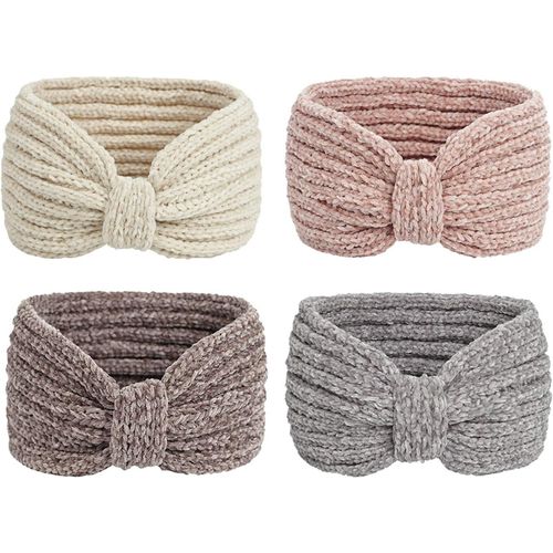 Winter Knitted Headband Bow Twisted Hair Bands Thick Chenille Ear Warmer Crocheted Turban Head Wraps Elastic Hair Band Accessories For Girls Women Christmas, 4 Pack (Beige, Pink, Gray, Brown[X2342]