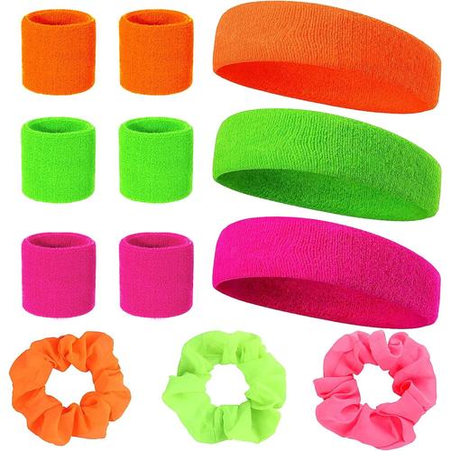 Serre Poignet Fluo Annees 80 12 Pièces Set 6 Pièces Bracelet Fluo 3 Pièces Bandeau Et 3 Élastiques À Cheveux Fluo Fluo Rétro Accessoires Fête Pour Femmes Hommes 3 Couleurs Rose Vert Orange[X1592]