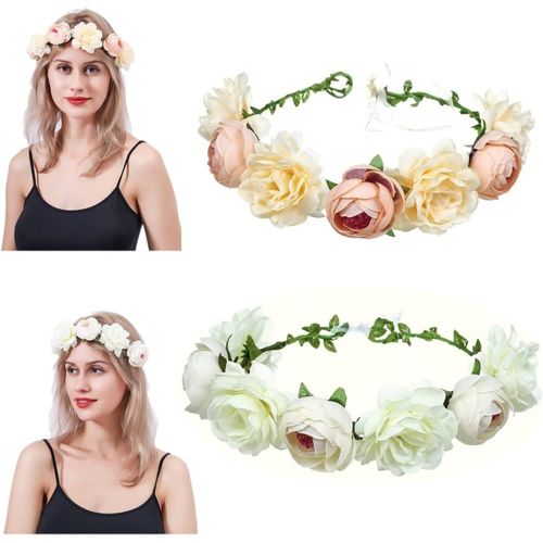 Lot De 2 Bandeaux De Fleurs De Pivoine Artificielles Pour Demo Lle D'honneur, Mariage Pour Fille Et Femme, Couronne De Fleurs, Blanc Et Ivoire[X2190]