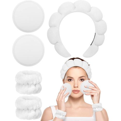 Lot De 5 Bandeaux De Spa En Éponge Pour Femme, Bandeau De Maquillage Et Bracelet Pour Se Laver Le Vi , Bandeaux Doux De La Peau Et 2 Chiffons Démaquillants Réutilisables (Blanc)[X2425]