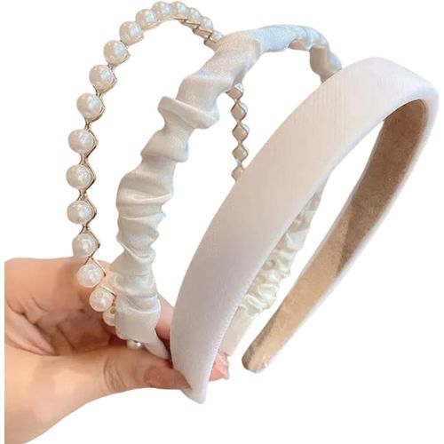 Lot De 3 Serre-Têtes Pour Femme Avec Perles - Serre-Tête Pour Femme - Serre-Tête Pour Fille - Serre-Tête Pour Femme - Serre-Tête Beige - Serre-Tête Blanc - Serre-Tête Large, Transparent, L[X761]
