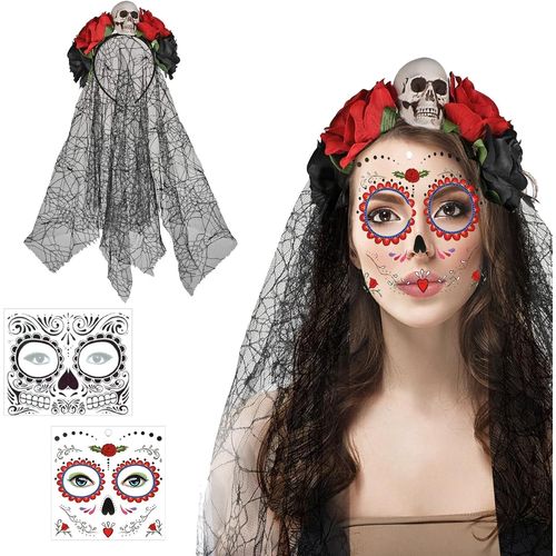 Halloween Jour Des Morts Bandeau, Crâne Rose Rouge Noire Serre-Tête Avec Autocollant De Tatouage Vi , Halloween Jour Des Morts Mexicains Couronne Florale Serre-Tete, Pour Femme[X324]