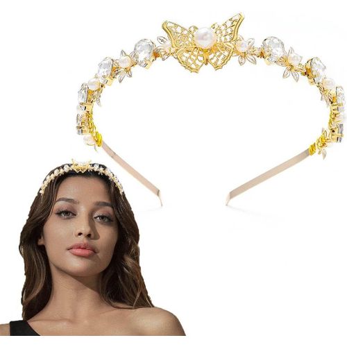 Serre-Tête Papillon En Cristal Doré Avec Strass Et Perles Pour Femme Et Fille[X535]