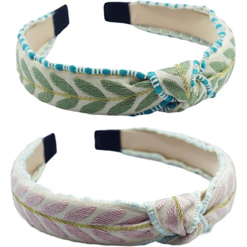 Lot De 2 Serre-Têtes Pour Femme - Style Bohème - Motif Feuilles Avec N?uds Raffinés - Bandeau Turban Confortable Pour Femme Et Fille (Rose-Vert)[X795]