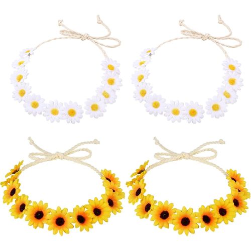 4 Pièces Bandeaux Marguerites, Fleur Artificiel Serre Tête Headband Marguerite, Couronnes De Fleurs Bandeau, Headband Réglable Pour Fête Femmes Filles Séances Mariage Voyage (Blanc, Jaune)[X574]