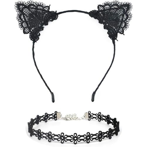 Serre Tête Oreille De Chat, 2 Pièces Bandeau À Oreilles De Chat Avec Collier En Dentelle, Serre Tete Halloween Femme, Serre Tete Pour Halloween, Carnaval, Anniversaire, Cosplay[X804]