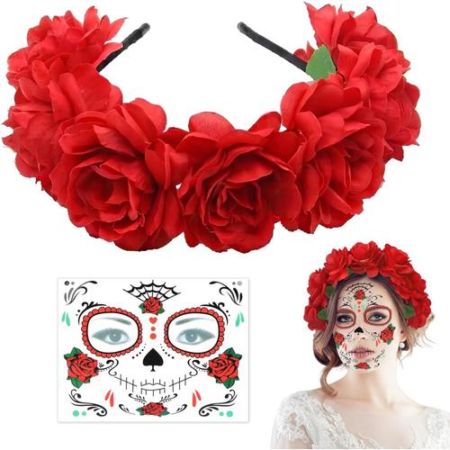 Bandeau De Roses Fleuri, Serre Tete Fleur Dia De Los Muertos, Bandeau Jour Des Morts Mexicain, Avec Tatouages Vi Femme, Accessoires Vestimentaires Pour Carnaval Halloween[X1673]