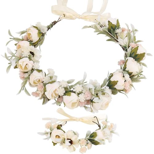 Wedding Floral Guirlande Couronne Demo Lle, Femmes Bandeaux De Fleurs, Rose Floral Coiffure Et Ensemble De Bracelet, Réglable Pour Party Festival Beach Travle Mariage (Beige)[X629]