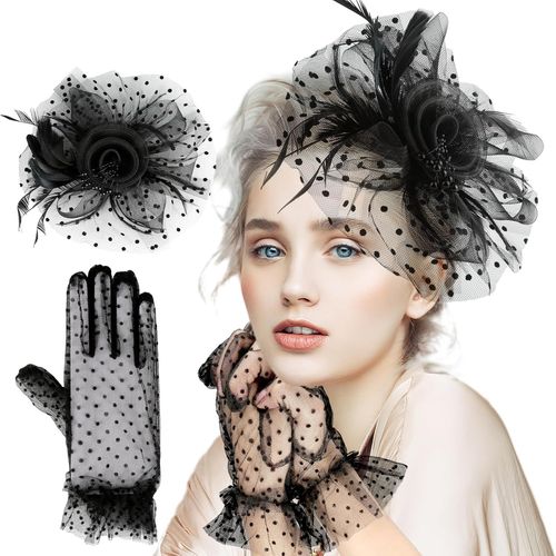 Chapeau Bibi Fleur Pour Femme Et Fille - Plumes En Maille - Chapeau De Mariage Et Gants En Dentelle - Clip De Tête - Accessoire Pour Fête, Égl , Mariage, Cocktail[X1542]