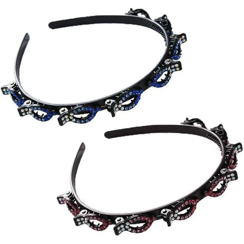 2 Pièces Bandeau Simple En Strass, Cristal Strass Bandeaux, Serre Tête Avec Pinces, Bandeau À Clip Torsadé, Pour Les Filles Dansant, Fête, U Quotidien, Travail (Bleu + Rose)[X634]