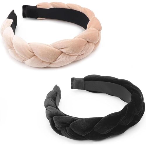 Lot De 2 Bandeaux Tressés Pour Femme - Bandeau Croisé - Élastique - En Velours - Épais Et Large - Couleur Unie - Tendance - Noir Beige - Taille Unique[X1296]