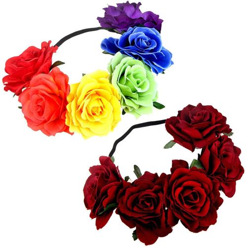 Lot De 2 Bandeaux Hawaïens Extensibles En Forme De Rose Pour Femmes Et Filles - Guirlande Florale - Fournitures De Mariage Et De Festival (Ensemble C - Rouge Vin Et Coloré)[X2527]