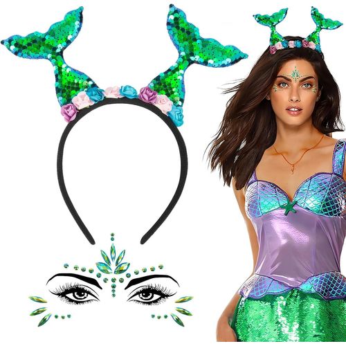 Kit De Dégu Ment Costume De Sirène Carnaval Bandeau À Paillettes Serre-Tête Sirène Avec Palmes Étoile Et Tatouages Temporaires De Vi Strass Sirène Décoration Pour Carnaval Fête Du Thème Cosp[X203]