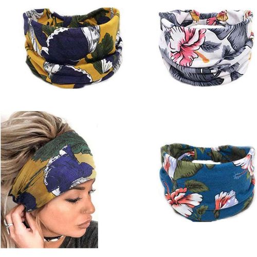 Lot De 3 Bandeaux De Yoga Boho Large Élastique Imprimé Fleur Turban Pour Femmes Et Filles (B)[X1286]