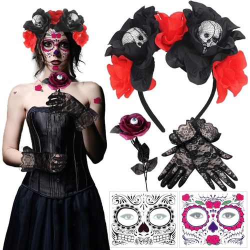 Halloween Jour Des Morts Bandeau, Serre-Tête Avec Roses Halloween, Tatouages Temporaires Pour Vi , Gants En Dentelle Et Roses Noires, Accessoires Du Jour Des Morts Pour Halloween Carnaval[X1234]