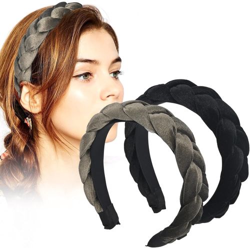 Bandeaux Pour Femmes 2-Pack, Bandeaux Tressés Vintage, Serre Tete Femme Velours Noir, Serre Tête Noir Epais, Bandeaux En Velours, Bandeaux Tressés (Noir, Vert Foncé)[X471]