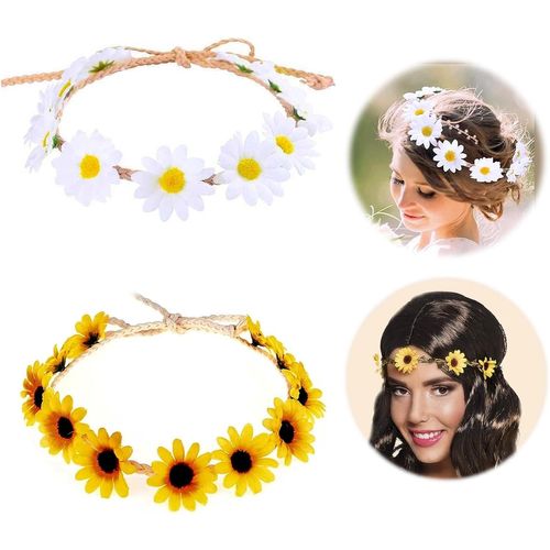 Lot De 2 Bandeaux Réglables Avec Marguerites Blanches Et Jaunes - Couronne De Tournesol Bohème - Pour Mariage, Fête, Plage, Festival[X2166]